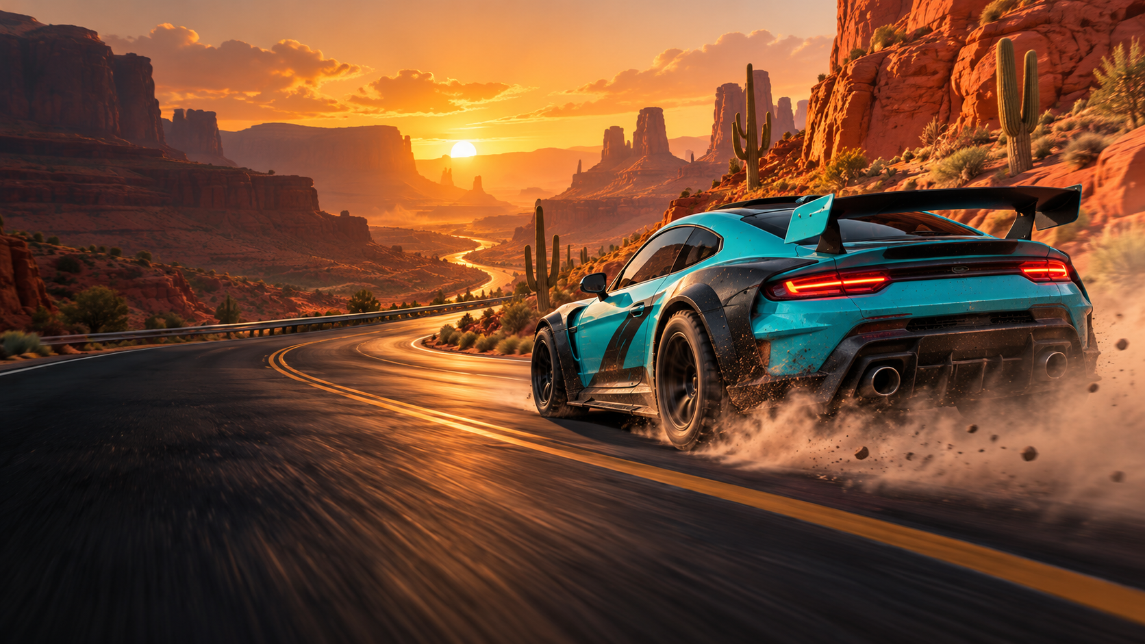 Concept artwork of a turquoise sports car drifting through a sunset canyon